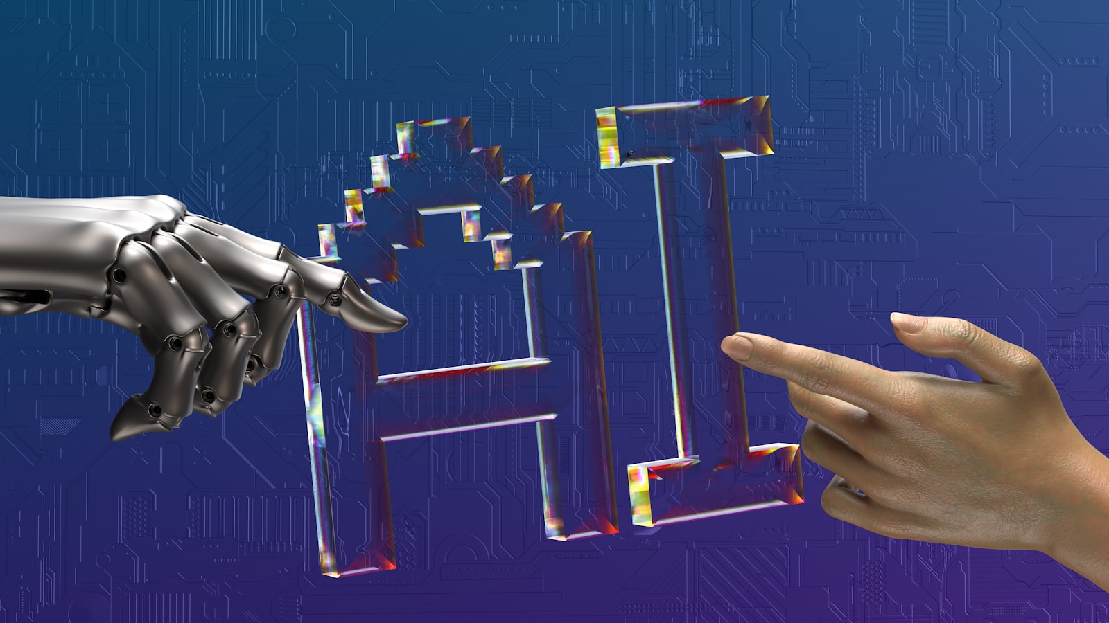 Main humaine et main robotique se rejoignant, intelligence artificielle